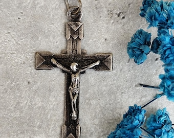 Pendentif Croix Argenté Avec Pierres Colorées Bleu Vert Orange - Vintage Début 1900, Bon état