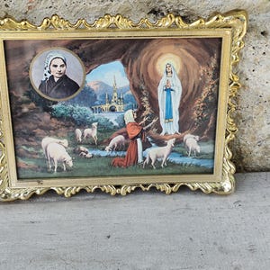 Old religious frame from Lourdes, representation of the Lourdes cave