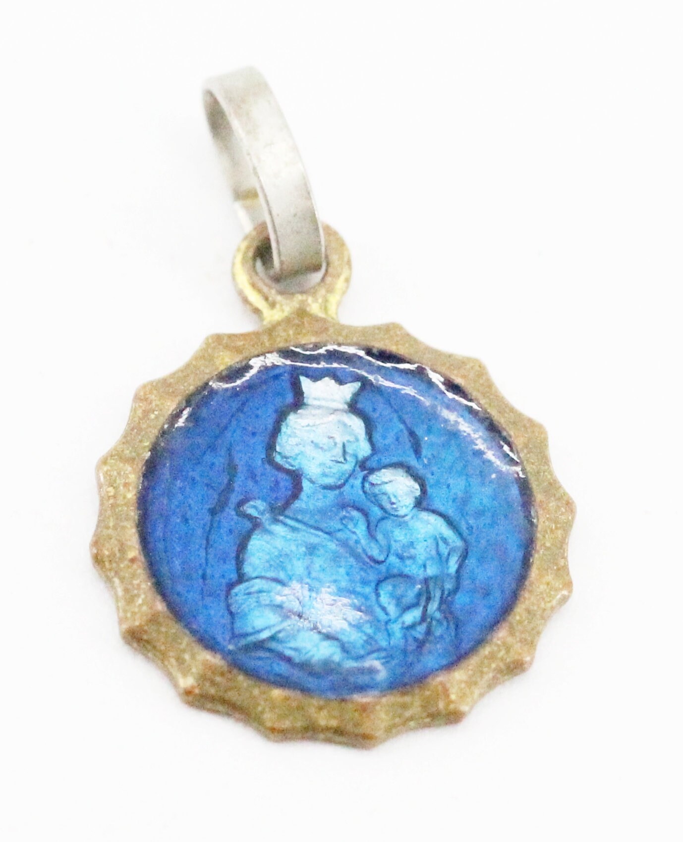 Ancienne Médaille Vierge Marie et L'enfant en Émail