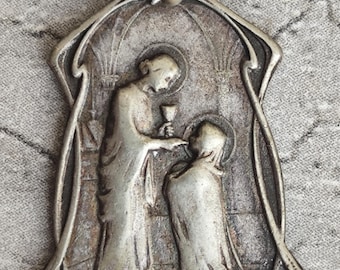 Medaglia antica Art Nouveau per la Prima Comunione, ciondolo vintage per la Santa Comunione, gioiello religioso francese, oggetto devozionale