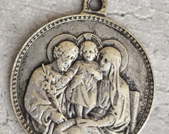 Antique Holy Family Medal 1897, Vintage Religious Pendant, Diamond Wedding Anniversary Souvenir, Society of Nazareth, Catholic Sacred Art