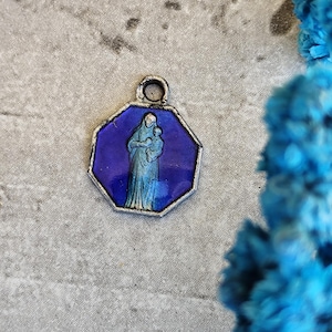 Antique religious medal of Saint Christopher and the Virgin Mary in enamel