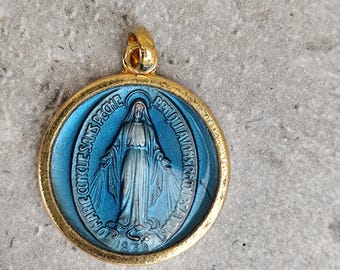 Antique Miraculous Medal – Virgin Mary in blue enamel – Vintage religious medal