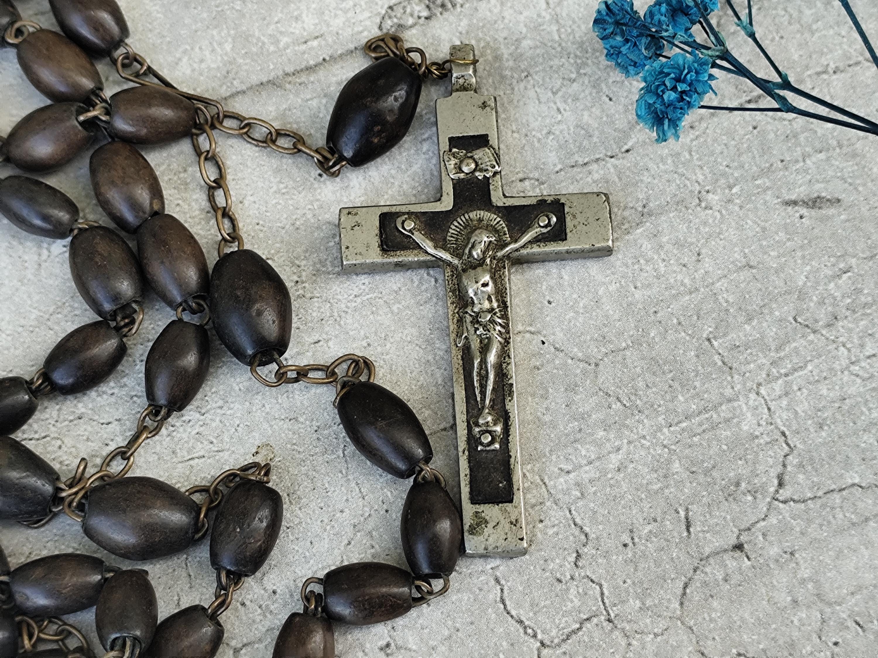 テ*ア様 【アンティーク】金属製 十字架 イエス像 ロザリオ付き テ*ア様 【アンティーク】金属製 十字架 イエス像 ロザリオ付き 黒檀で