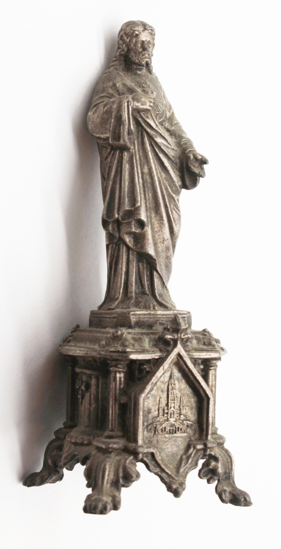 Ancienne Statue Jésus Christ Sacré Cœur en Métal