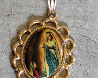 Large Our Lady of Lourdes Virgin Mary Medal Pendant Silvered Bronze and ...