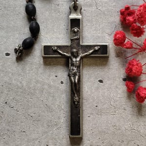 Antique pectoral cross crucifix inlay in ebony wood and silver-plated brass