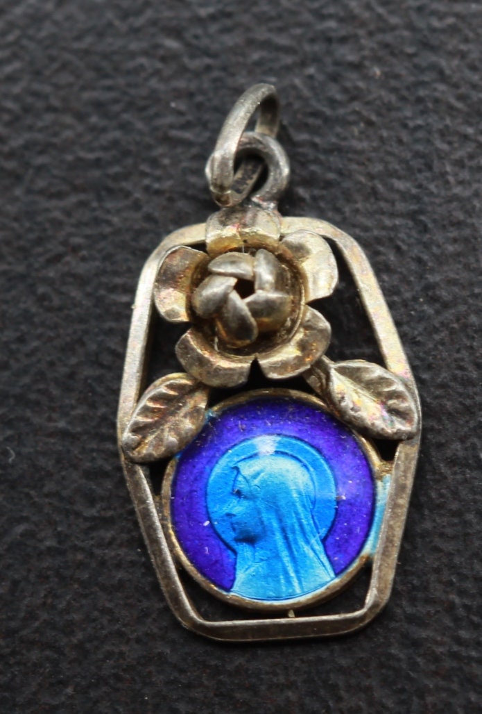 Rare Médaille Vierge Marie Ancienne en Email