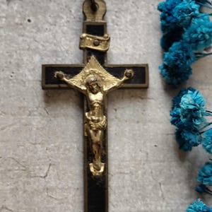 Antique French religious cross crucifix gold plated and wood with the corpus Saint Jesus Christ