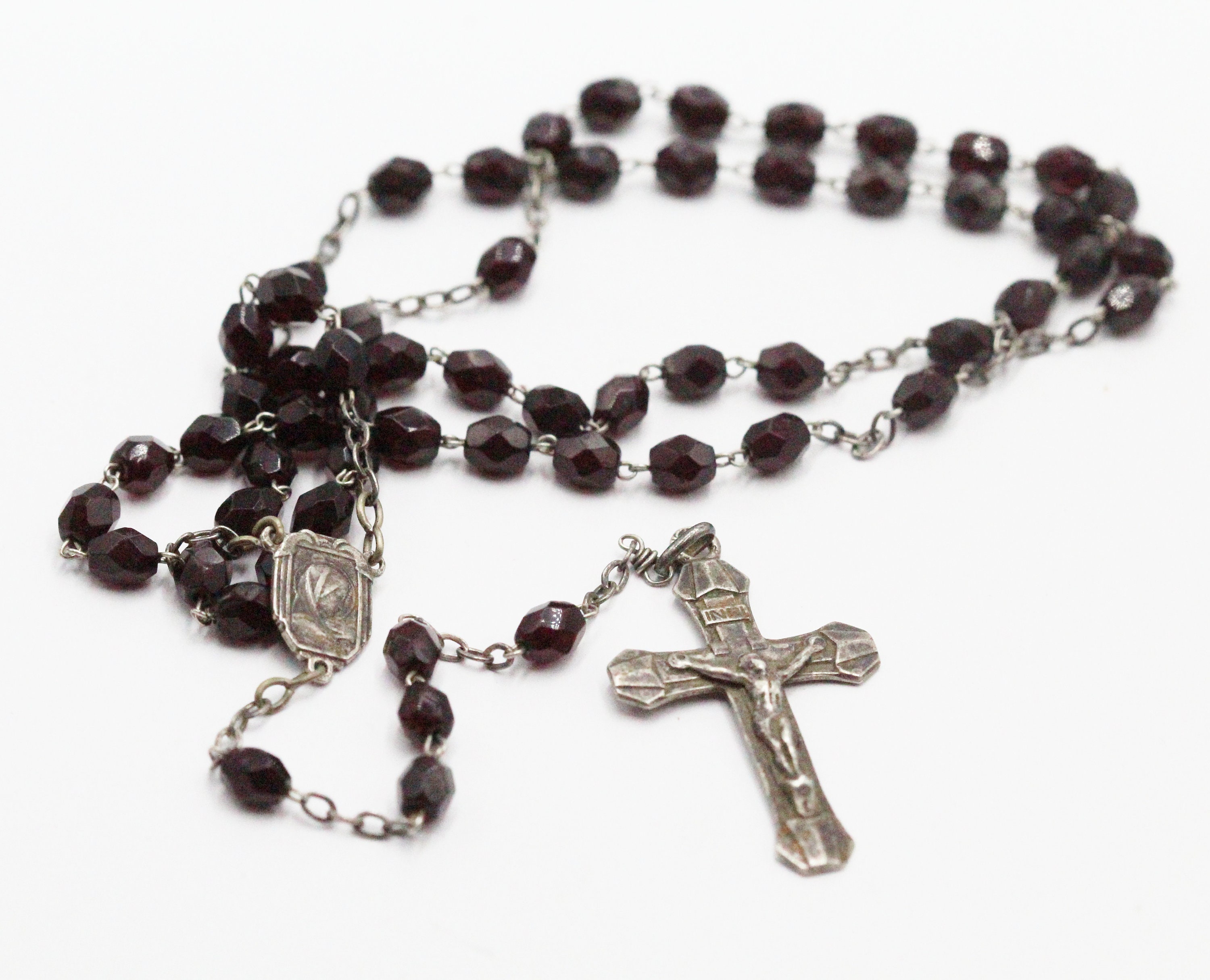 Ancien Chapelet en Perles Noires de La Vierge Marie