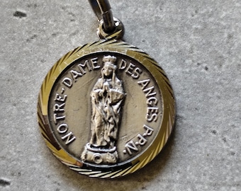 Seltene religiöse Medaille Unserer Lieben Frau von den Engeln in Silberfarbe