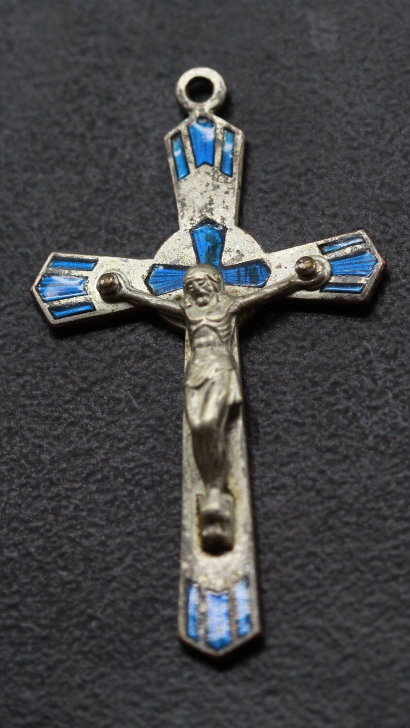 Pendentif Croix Religieuse en Email Bleu
