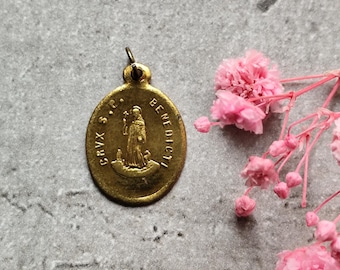Antique religious medal of Saint Benedict in brass Catholic medal of exorcism against evil)