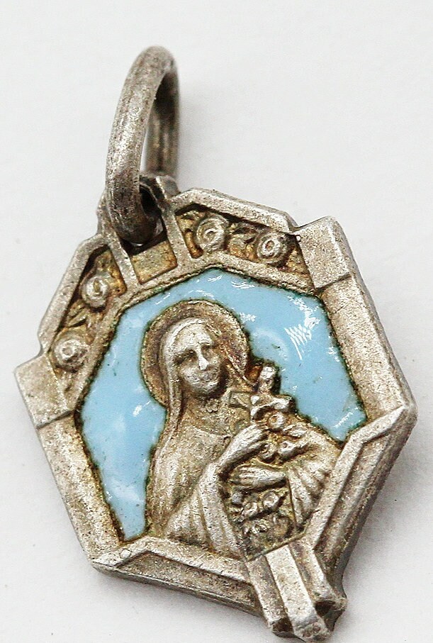 Ancienne Medaille Sainte Thérèse en Email Bleu