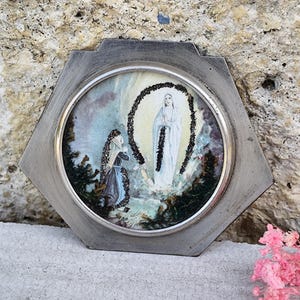 Antique plaque of the Virgin Mary of Lourdes, France, antique plaque, art deco religious altar decoration
