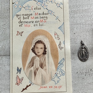 Ancienne médaille vierge marie miraculeuse avec ancienne carte religieuse