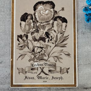 Rare ancienne image pieuse religieuse les 3 pensées Jésus,Marie,Joseph