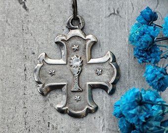 Ancienne Médaille Argent Communion Avec Croix - Bijou Vintage