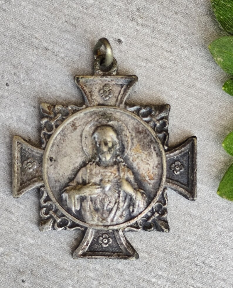 Antique Religious Cross Medal – Sacred Heart of Jesus & Virgin Mary ...