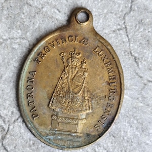 Antique Religious Brass Medal - Patrona Provincia Luxemburgensis & Mater Dolorosa - Oval Devotional Medallion - Ancient Sacred Art
