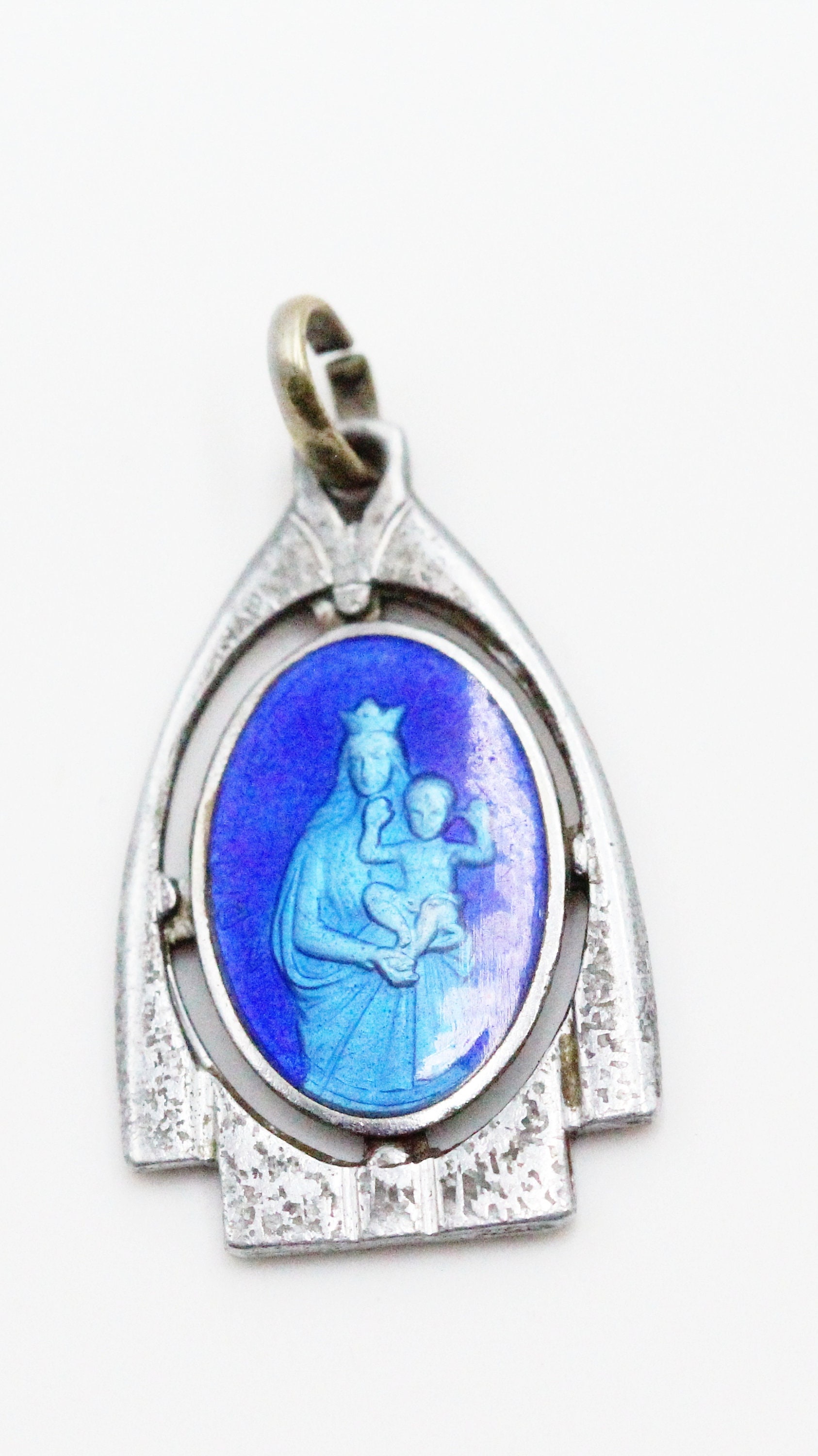 Ancienne Médaille Vierge Marie et L'enfant en Émail