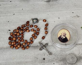 Antique wooden rosary – with Padre Pio box