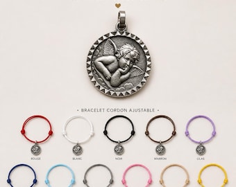 Médaille Ange Protecteur Bracelet Cordon Ajustable – Bijou Spirituel Vintage – Cadeau Baptême Communion – Plusieurs Couleurs