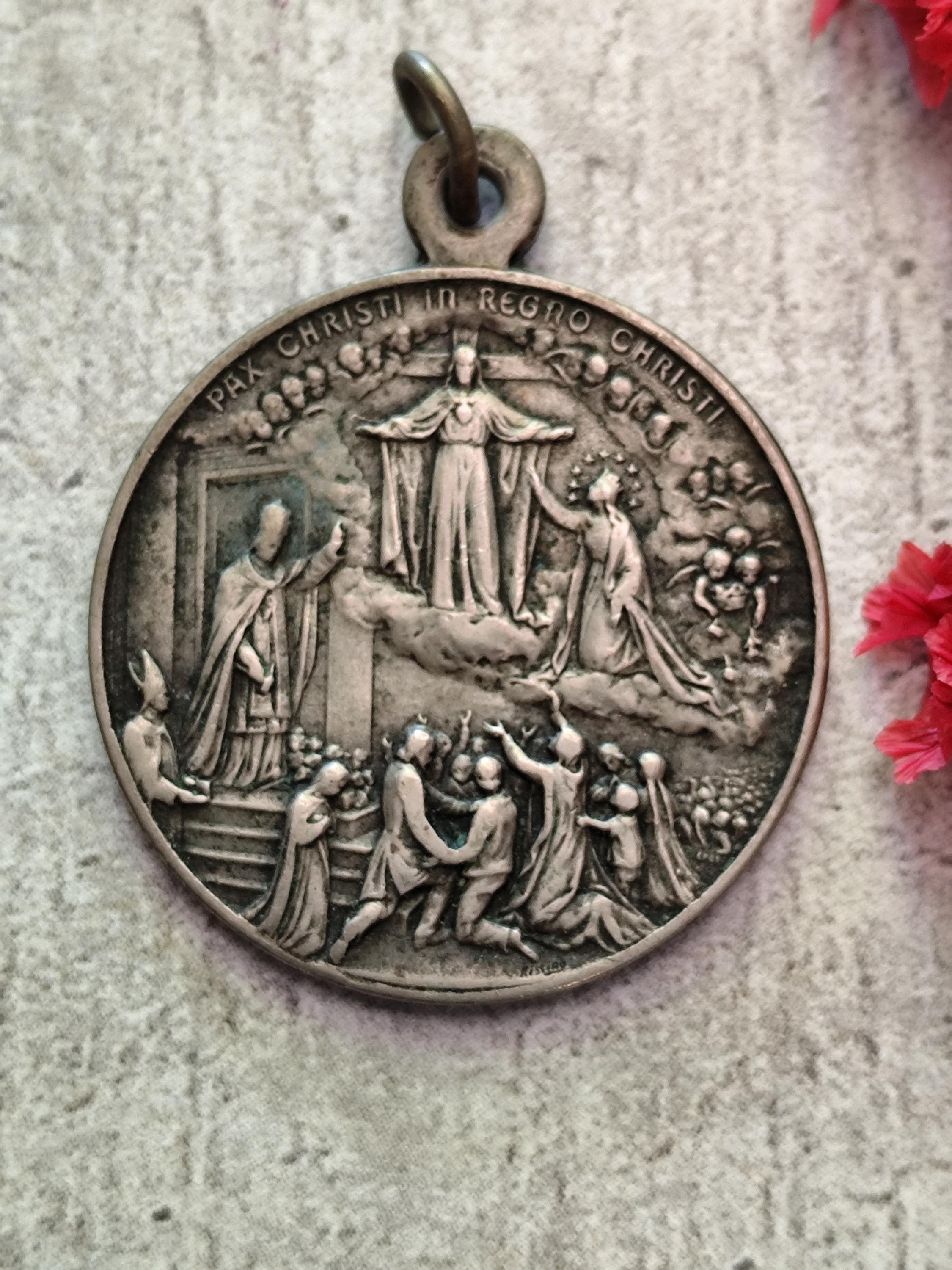 Rare antique médaille religieuse Italie Rome 1925 pape pie XI sacré coeur de Jésus Christ pax christi in regno christi signée kissing