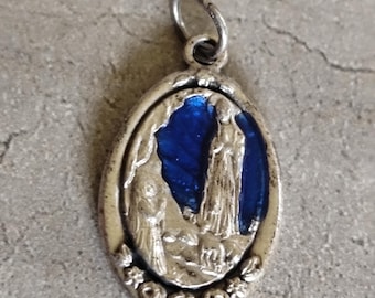 Large Our Lady of Lourdes Virgin Mary Medal Pendant Silvered Bronze and ...