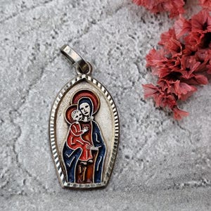 enamel virgin mary and child medal