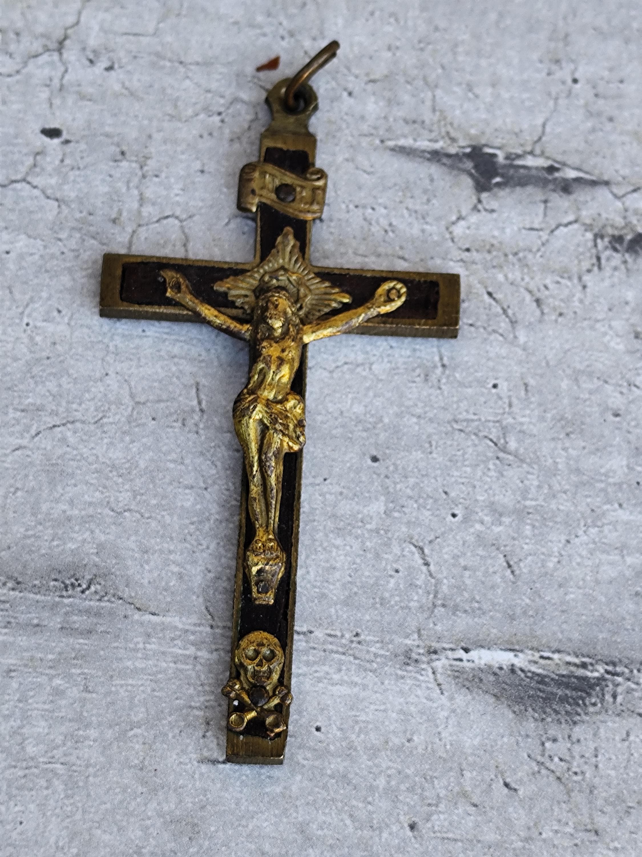 Antique Pectoral Cross Crucifix Inlaid in Ebony Wood, Skull and