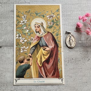 Old Miraculous Virgin Mary Medal with Old Religious Card of the Virgin Mary Charity