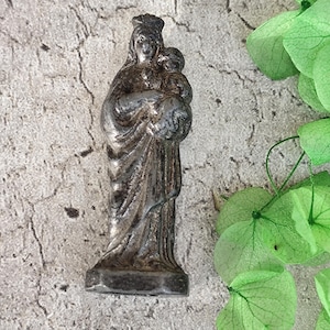 Rare antique small religious statue of the Virgin Mary in metal