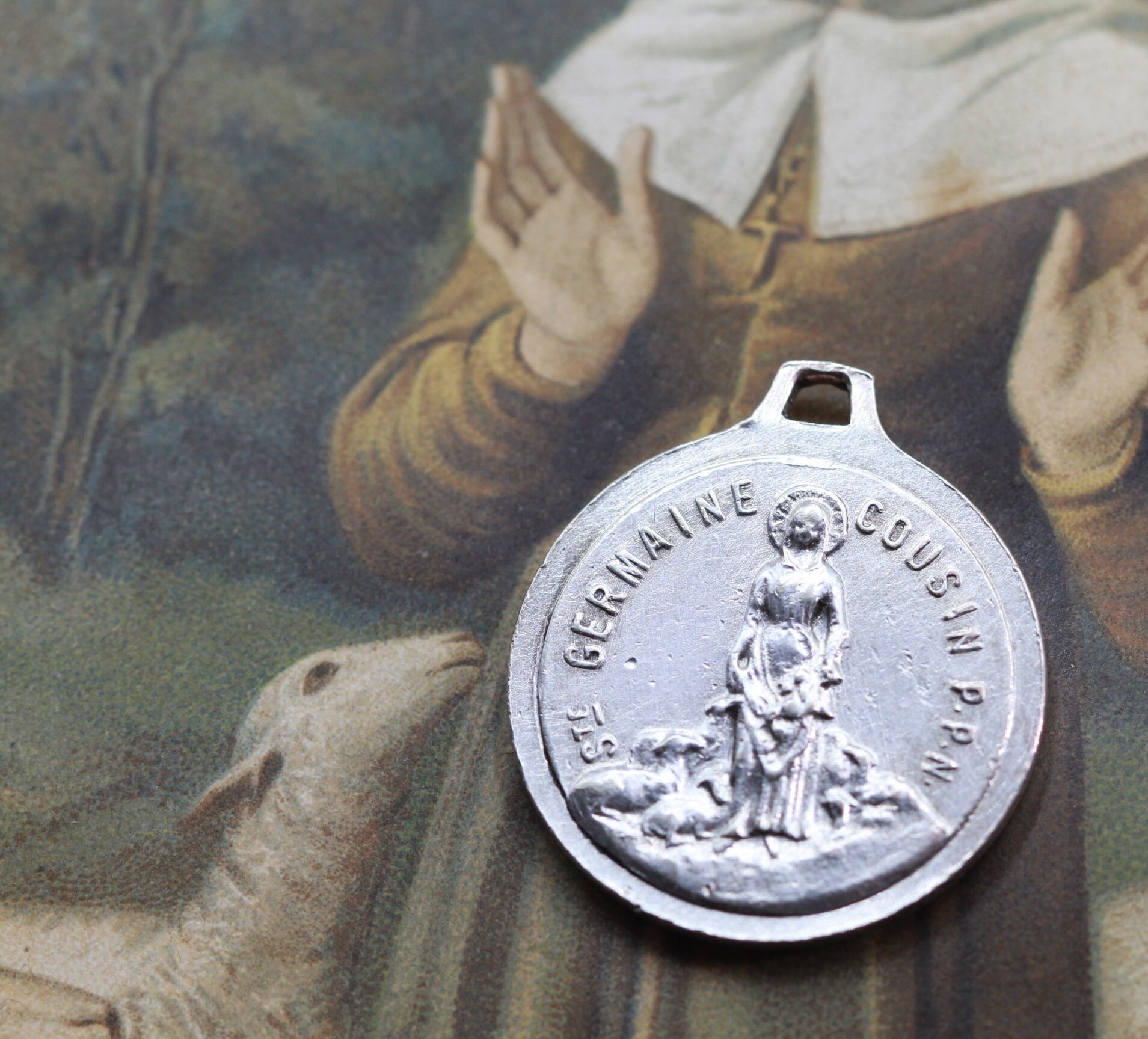 Rare Ancienne Médaille Sainte Germaine et Saint Christophe
