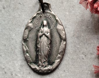 Large Our Lady of Lourdes Virgin Mary Medal Pendant Silvered Bronze and ...
