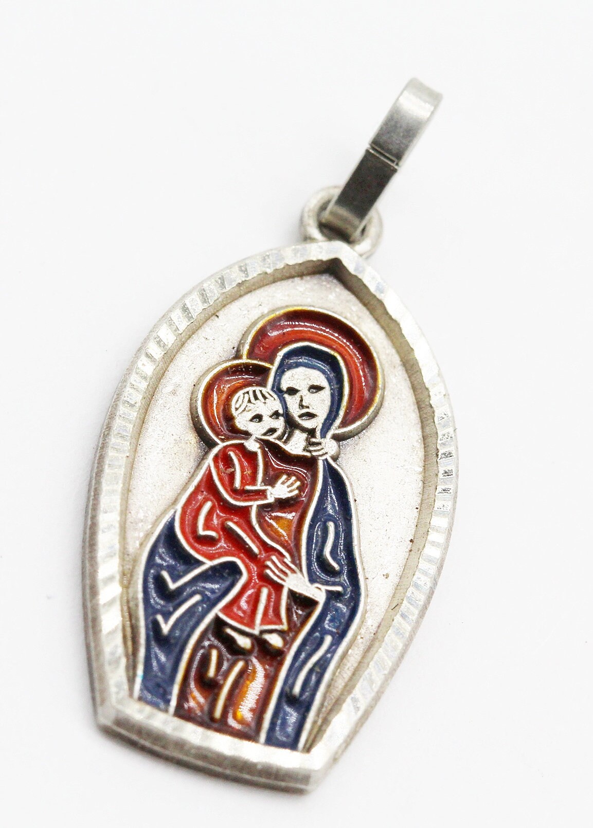 Ancienne Medaille Vierge et L'enfant en Email