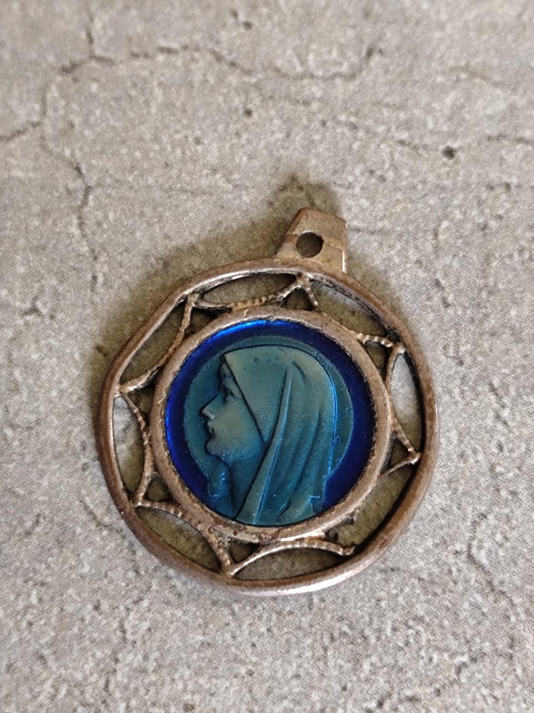 Antique French Religious Medal of the Virgin Mary of Lourdes in Blue ...