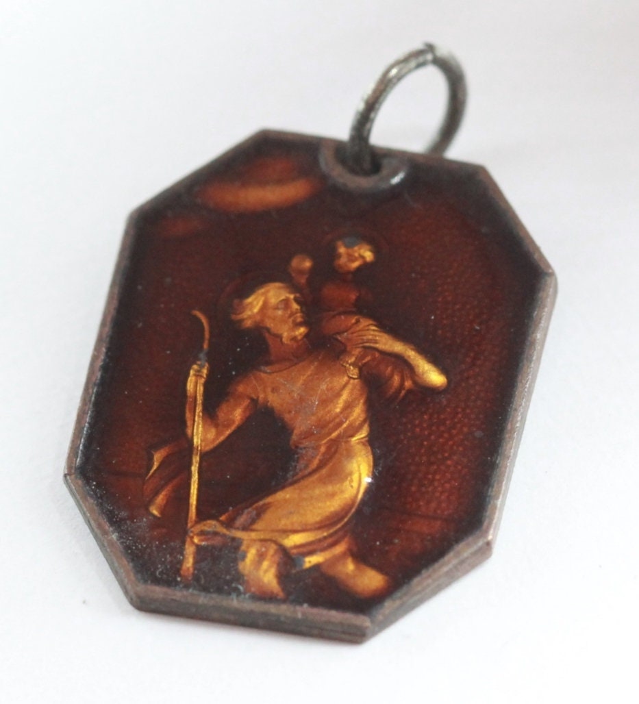 Ancienne Médaille Saint Christophe en Email Marron