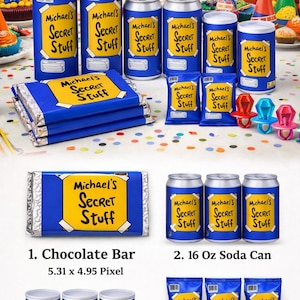 May include: A festive birthday party setup with various treats and decorations. The image features blue and yellow labeled products, including chocolate bars, soda cans, and Pringles labels, all branded "Michael's Secret Stuff". Ring Pop candies and basketballs add to the celebratory theme.