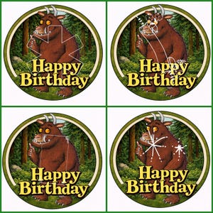 May include: Four circular images featuring a brown cartoon monster with horns and large teeth, set against a forest backdrop. Each image has the text "Happy Birthday" in yellow. The monster is giving a thumbs up.