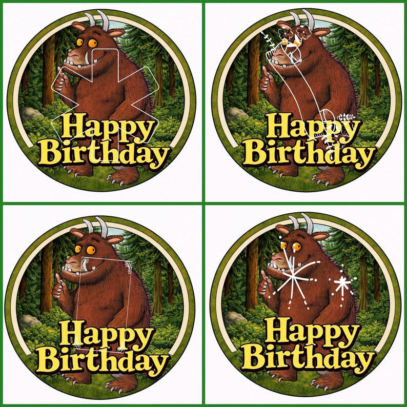 May include: Four circular images featuring a brown cartoon monster with horns and large teeth, set against a forest backdrop. Each image has the text "Happy Birthday" in yellow. The monster is giving a thumbs up.