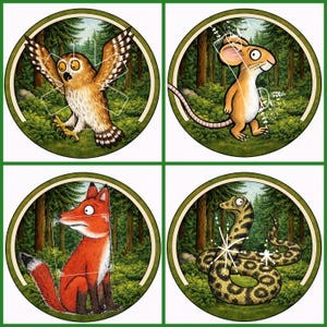 May include: Four circular illustrations featuring characters from a children's book. An owl with outstretched wings, a mouse, a fox, and a snake are depicted against a forest backdrop. Each character is within a green-bordered circle.