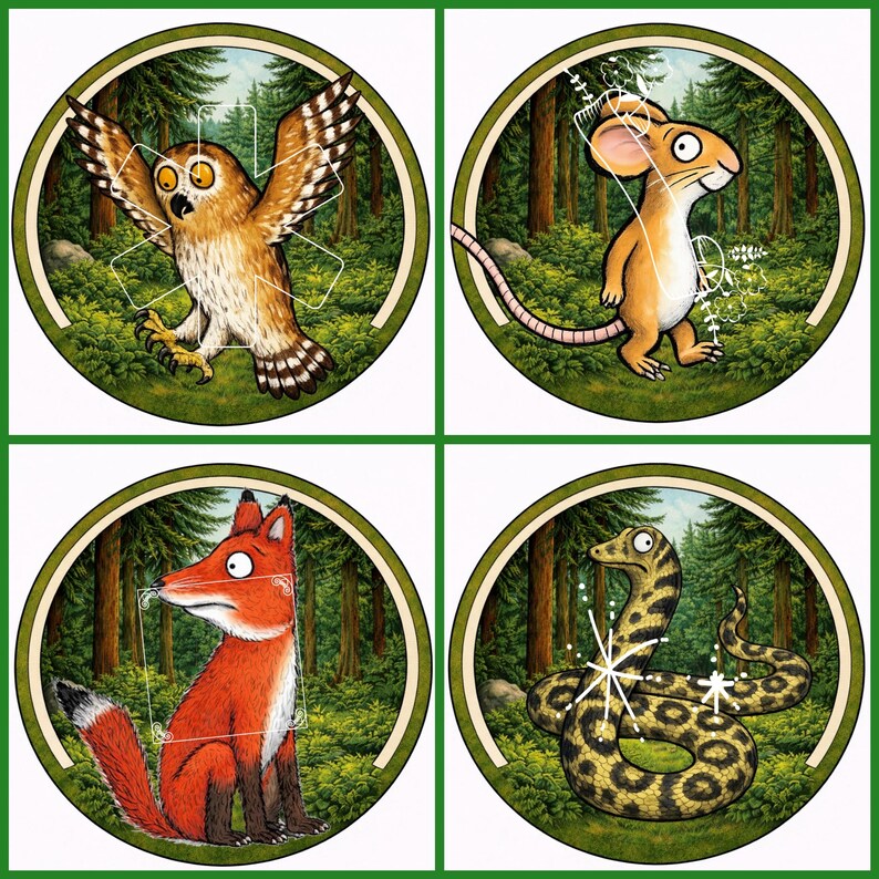 May include: Four circular illustrations featuring characters from a children's book. An owl with outstretched wings, a mouse, a fox, and a snake are depicted against a forest backdrop. Each character is within a green-bordered circle.