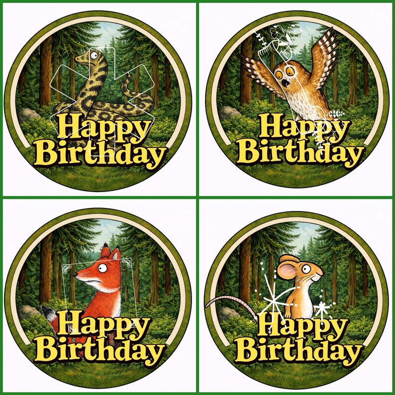 May include: Four circular birthday-themed images featuring forest animals. Each image has a green border and a forest background. The images include a snake, owl, fox, and mouse, each with the text "Happy Birthday" in yellow.