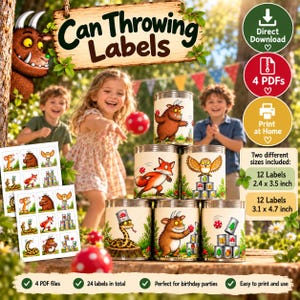 Op de afbeelding: Een set printbare blikwerplabels met illustraties van bosdieren zoals een bruin monster, een vos, een uil en een slang. De labels bevatten tekst zoals Can Throwing Labels, 4 PDFs en twee formaten van 6,1 x 8,9 cm en 7,9 x 11,9 cm.