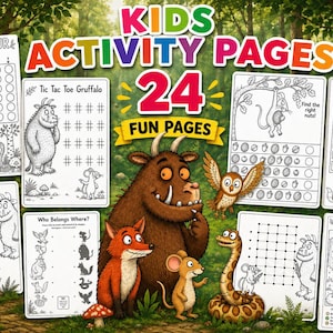 May include: A collection of 24 fun activity pages for kids, featuring illustrations of characters from a children's book. The pages include connect four, tic-tac-toe, mazes, and coloring activities. The title "KIDS ACTIVITY PAGES" is displayed at the top.