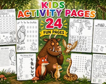 May include: A collection of 24 fun activity pages for kids, featuring illustrations of characters from a children's book. The pages include connect four, tic-tac-toe, mazes, and coloring activities. The title "KIDS ACTIVITY PAGES" is displayed at the top.