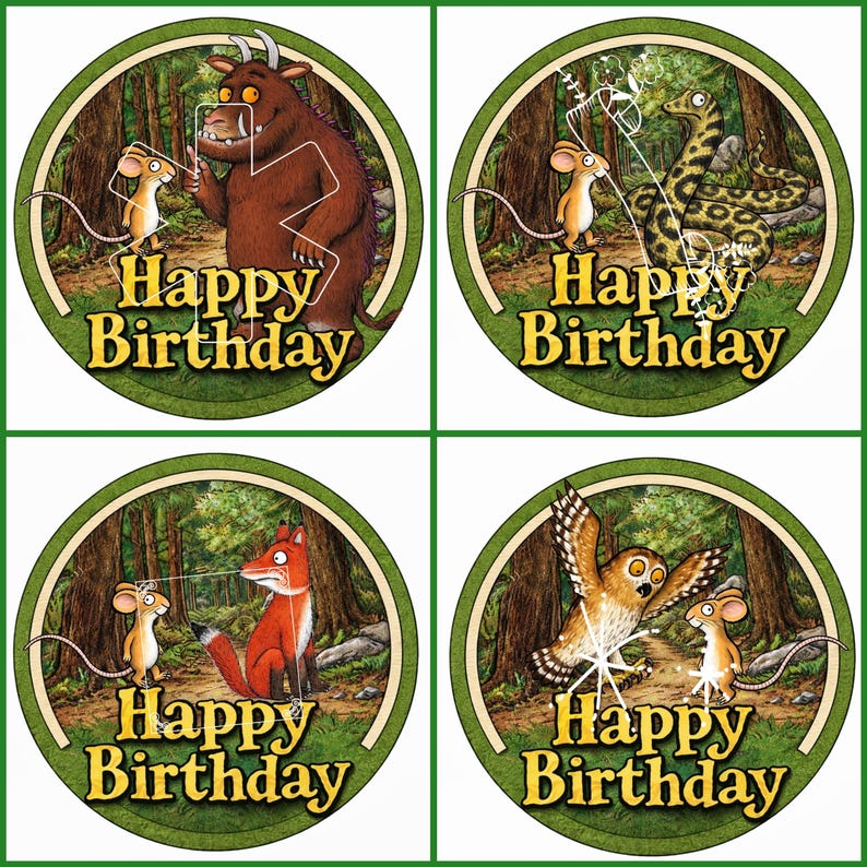 May include: Four circular stickers with a green border and forest background. Each features a different character from a children's book, a mouse, and the words "Happy Birthday". Characters include a brown monster, a snake, a fox, and an owl.