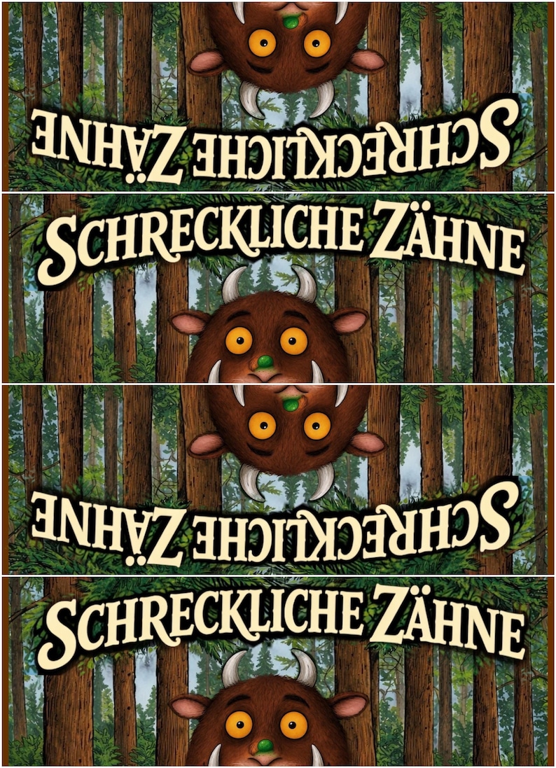 May include: A repeating image featuring a brown creature with large teeth, horns, and yellow eyes, set against a backdrop of a forest with tall trees. The text "SCHRECKLICHE Z&Auml;HNE" is displayed in a banner.