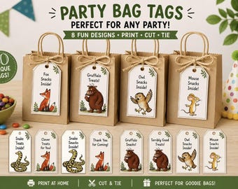May include: Kraft paper party favor bags with tags featuring illustrations of a fox, owl, mouse, and Gruffalo. The tags read "Fox Snacks Inside!" and other phrases. The image includes the text "Party Bag Tags" and "Perfect for any party!"